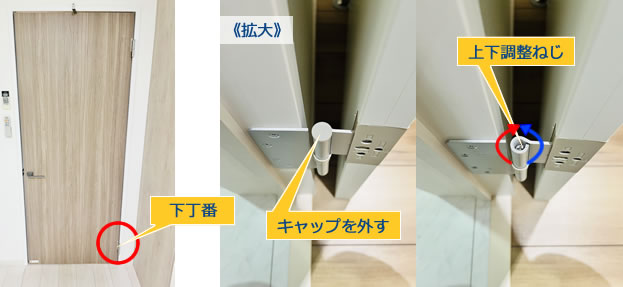 下側の丁番の上部のねじを調整する
